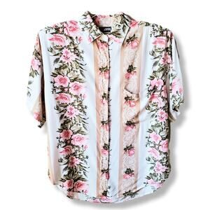 VTG 80s Floral Stripe Camp Shirt M Pretty in Pink Molly Ringwald Boxy Cropped